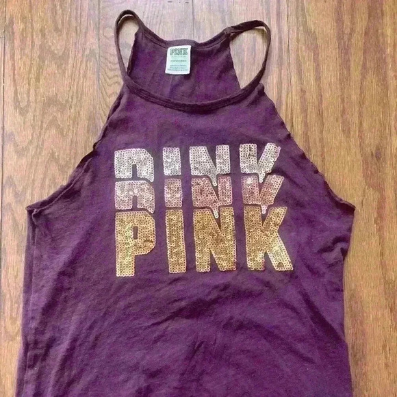 Victoria's Secret Pink Sequin Ombre Logo Spellout Tank Top Burgundy Size XS - Picture 2 of 8